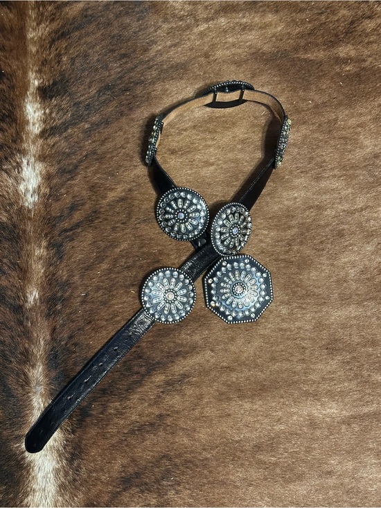 Tony Lama Accessories - Vintage Tony Lama Women's Black Ostrich Leather Rhinestone Concho Belt